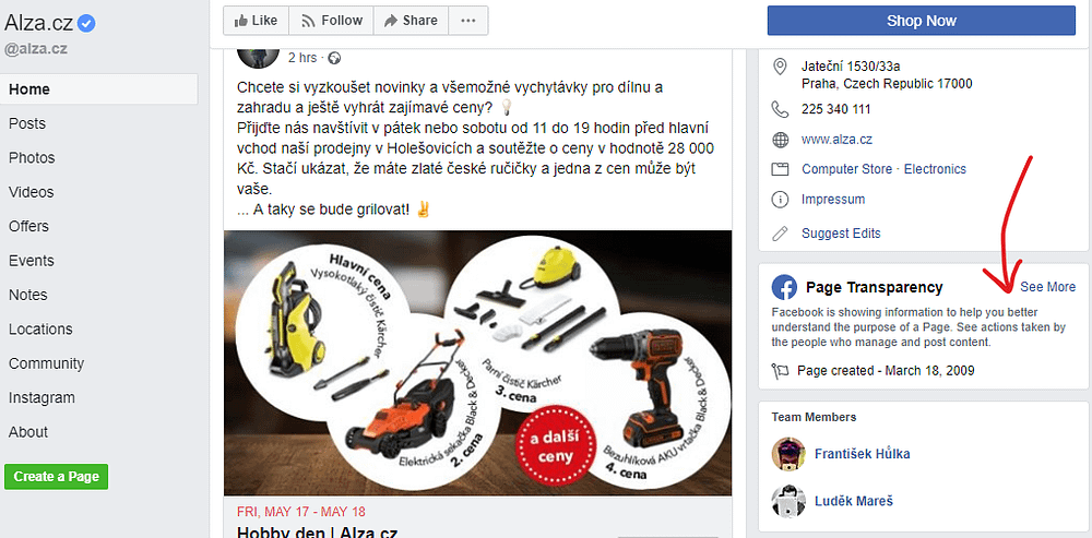 informace o stránce na facebooku
